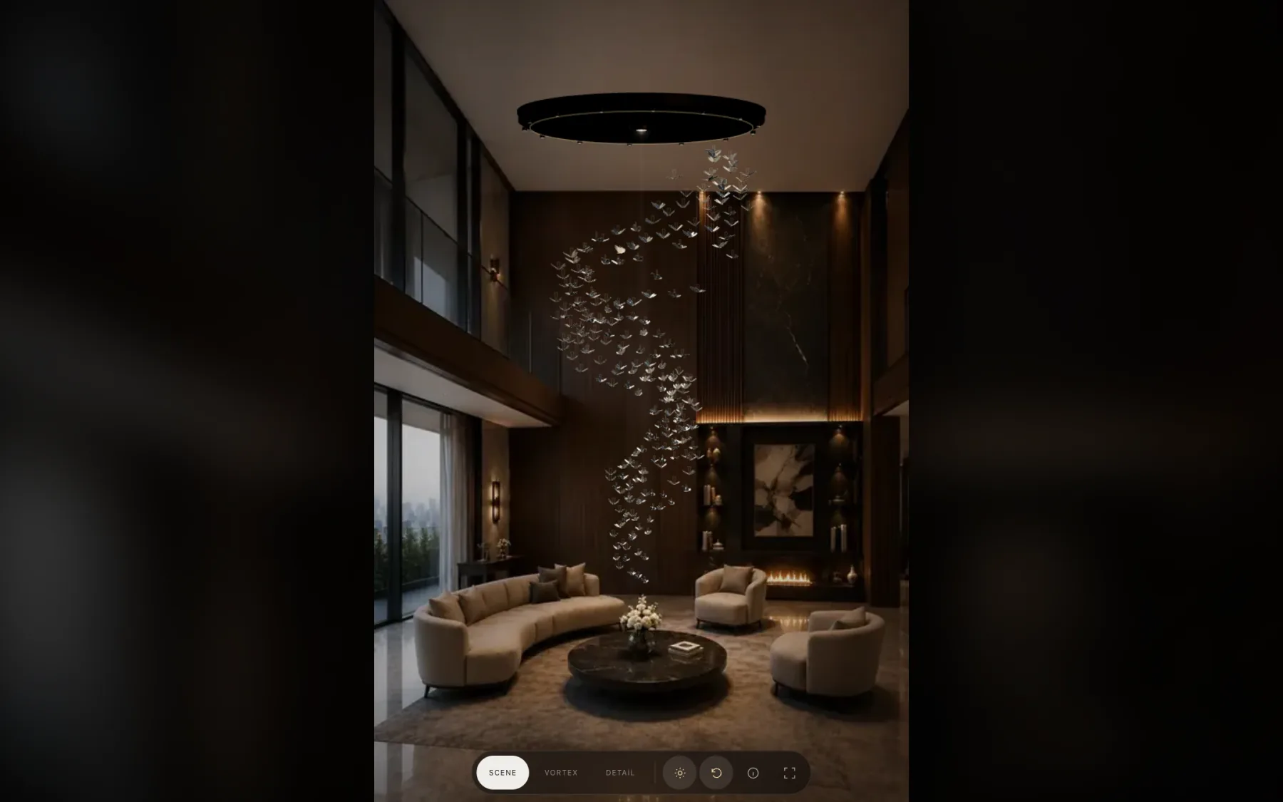 VORTEX hanging in a double-height living room at dusk.