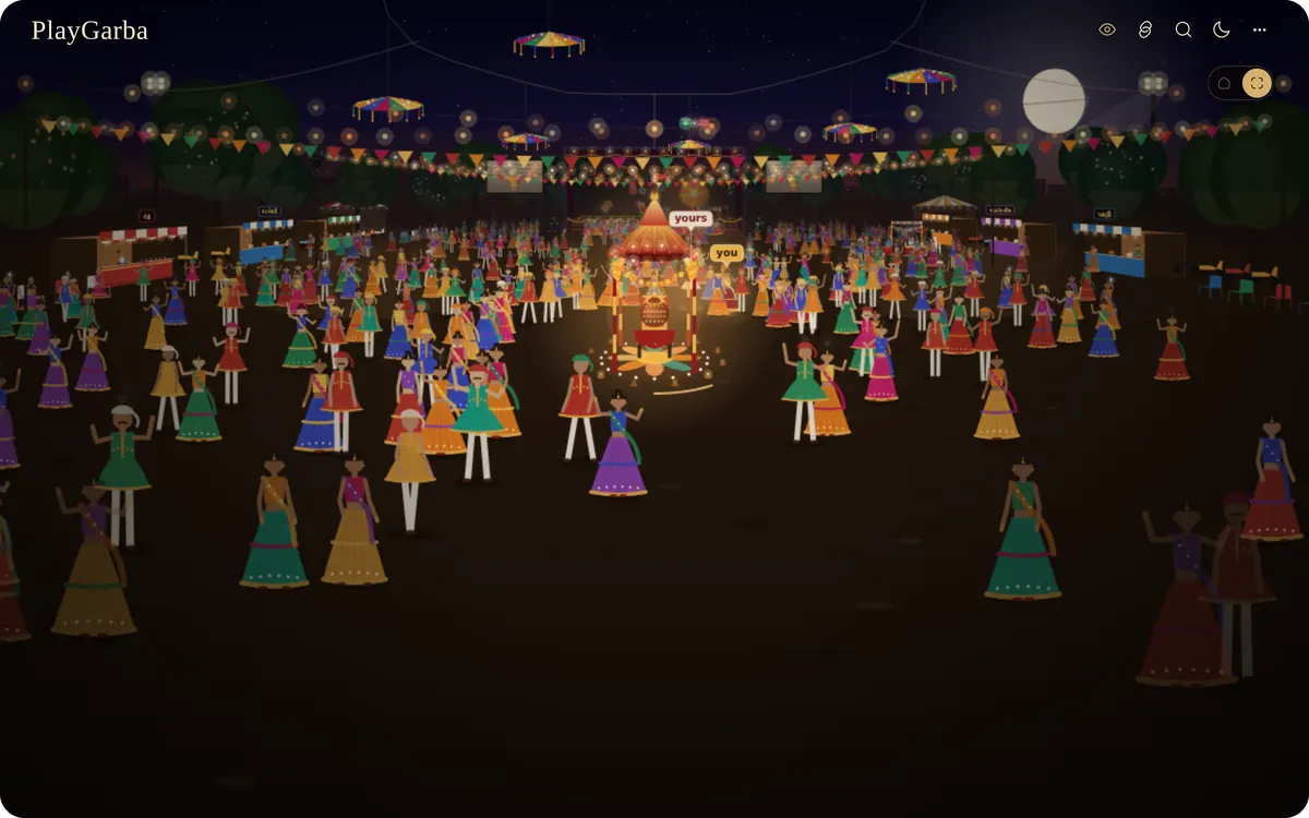An outdoor garba ground at night with a lit garbo, rings of dancers, stalls and the moon.