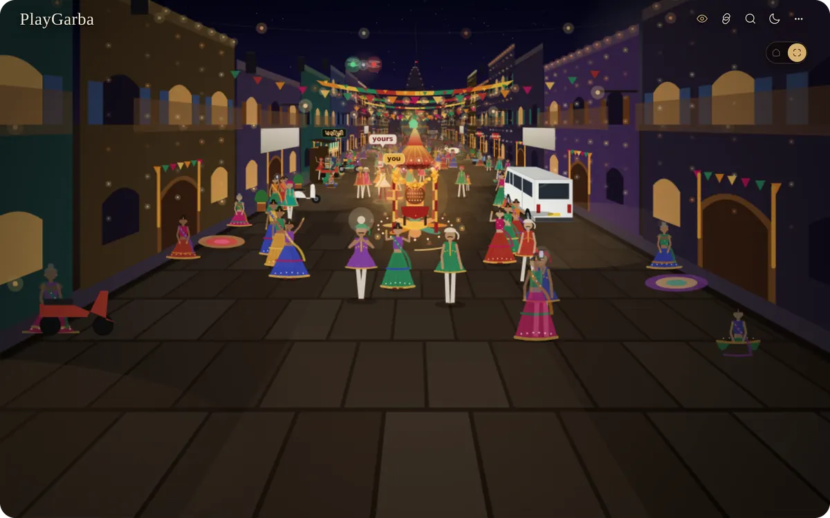 A garba in a lane between colourful houses, with a temple spire in lights.