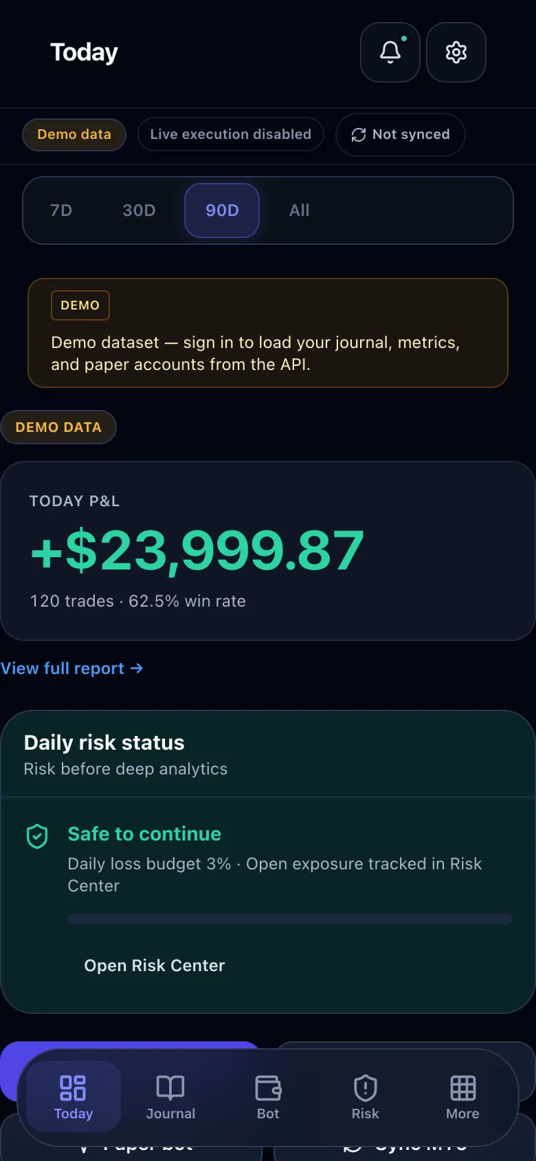 Tradex dashboard on a phone with a bottom tab bar.